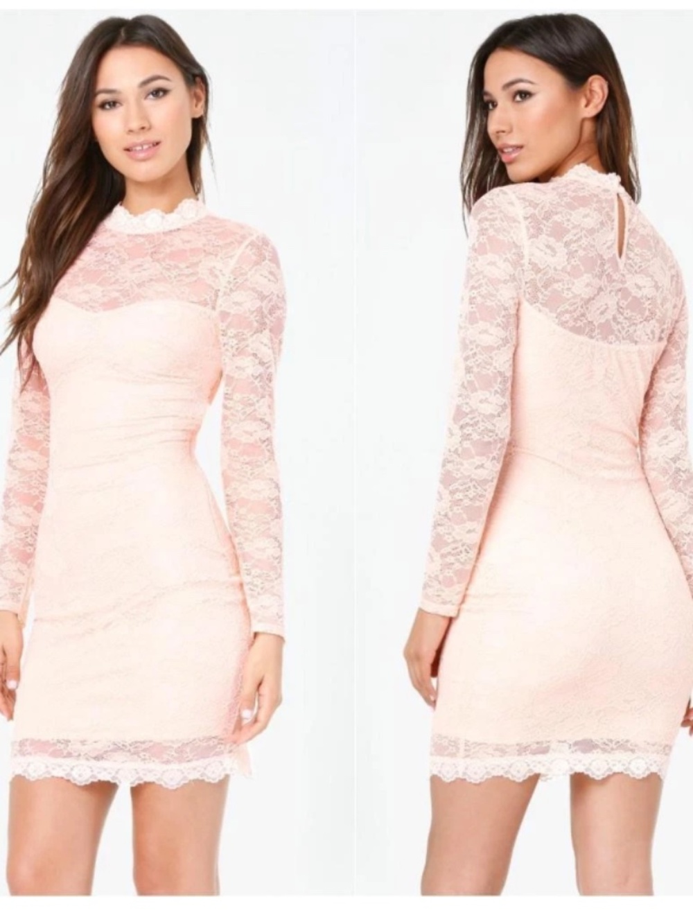 $130 NEW Bebe Blush Pink Coral Mock Neck Lace Floral Bodycon top dress